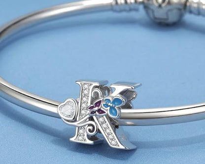 S925 Silver Butterfly Initial Letter Charms Fit for Pandora Charms Bracelets and Necklace Alphabet Bead Charms Jewelry Gifts for Women - color: K