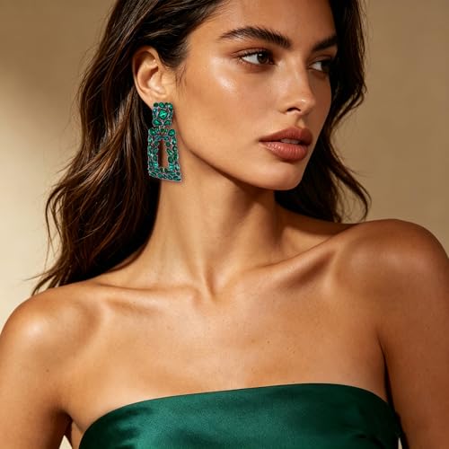 Flyonce Rectangle Clip-on Drop Earrings for Women, Sparkly Rhinestone Crystal Geometric Statement Non Pierced Earring Wedding Prom Party Jewelry for Brides Bridesmaid - color: Green Silver-Tone