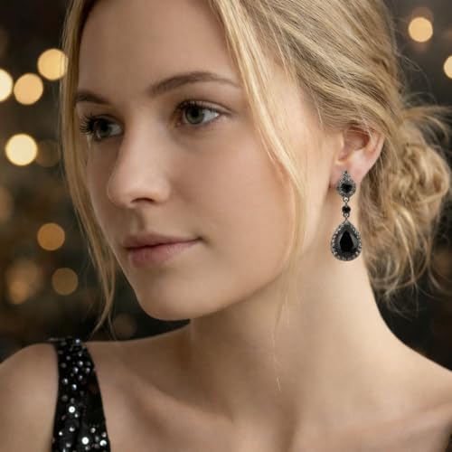 Mariell Black Crystal Teardrop Dangle Earrings, Jewlery for Brides, Bridesmaids, Prom and Wedding Parties - color: Black Clip On