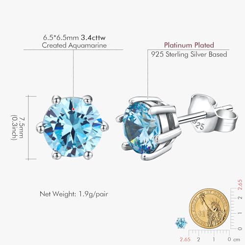 DAYBYDAY 925 Sterling Silver Birthstone Earrings for Women, Crystal Stud Earrings, 6.5mm Round Cut Solitaire Gemstone Earrings Birthday Jewelry - style: Round Cut-03. Mar/created aquamarine
