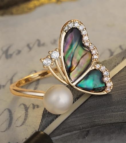 Natural Stone Chunky Rings,Black Obsidian,Red Agate, Carnelian 18k Gold Plated Stainless Steel Stackable Party Rings for Women - style: Butterfly