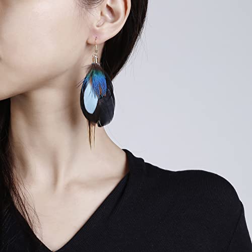 Bohemian Pheasant Peacock Long Feathers Statement Earrings Handmade Natural Lightweight Feather Dangle Earrings for Women (ea000071) - color: Short Black