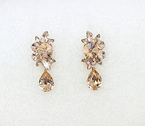 Faship Statement Dangling Floral Clip On Earrings For Women - color: Champagne / Rose Gold Plated