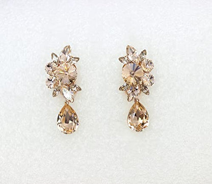 Faship Statement Dangling Floral Clip On Earrings For Women - color: Champagne / Rose Gold Plated