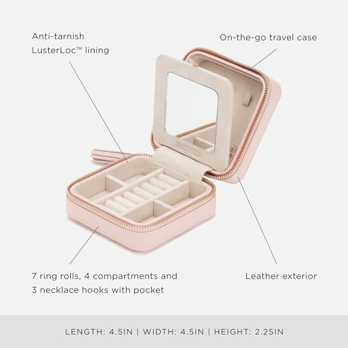 WOLF Caroline Zip Travel Case, Rose Quartz - Seven Ring Rolls, Four Compartments, Three Necklace Hooks & Pocket - Anti-Tarnish LusterLoc Lining