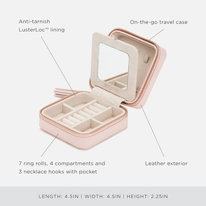 WOLF Caroline Zip Travel Case, Rose Quartz - Seven Ring Rolls, Four Compartments, Three Necklace Hooks & Pocket - Anti-Tarnish LusterLoc Lining
