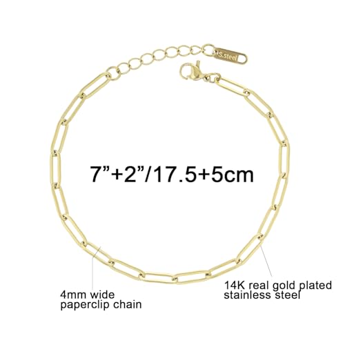 kelistom 14K Gold Filled Stainless Steel Paperclip Chain Bracelet for Women, 7.5” Rectangle Link Bracelets, Waterproof and Never Tarnish - color: 14K gold-4mm+extender