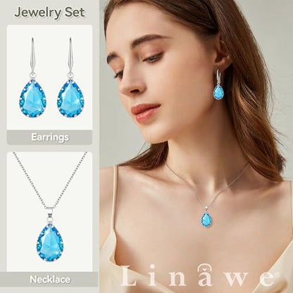 Linawe Crystal Jewelry Sets for Women, Imitation Diamond Pendant Necklace, Rhinestone Drop Dangle Earrings, Birthstone Cubic Zirconia Matching Wedding Jewelry, 14K Gold/Rose Gold/Silver Tones - color: Silver,Aquamarine,Mar