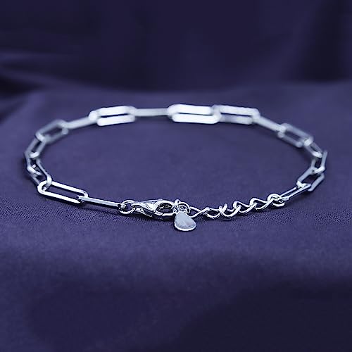 7" Length +1" Adjustable Paper Clip Chain Bracelet for Women | 14K Gold Over Sterling Silver Plain Jewelry - color: white-gold-plated-silver