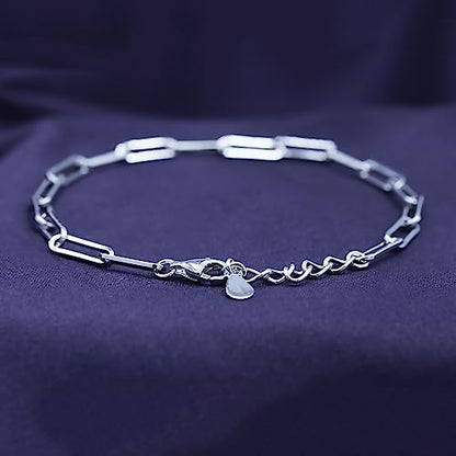 7" Length +1" Adjustable Paper Clip Chain Bracelet for Women | 14K Gold Over Sterling Silver Plain Jewelry - color: white-gold-plated-silver