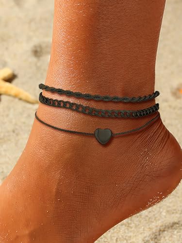U7 2Pcs/3Pcs Ankle Bracelets for Women, Stainless Steel Cuban Link/Figaro/Rope/Heart Chain Anklets Sets,Waterproof Layered Anklets Adjustable 8.5"-10.5" - color: 04. 3Pcs Style B-Black