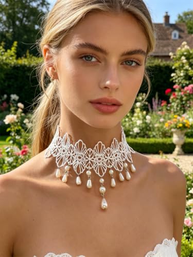 Lace Choker Necklace for Women Gothic Pearl Pendant Necklace Halloween Cosplay Jewelry - color: Pearl Tassel