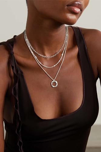 Cuzmly Layered Silver Necklaces for Women, Sterling Silver Stackable Stack Choker Necklaces for Women Trendy Layering Circle Pendant Chain Necklace Set Jewelry for Women - style: Circle