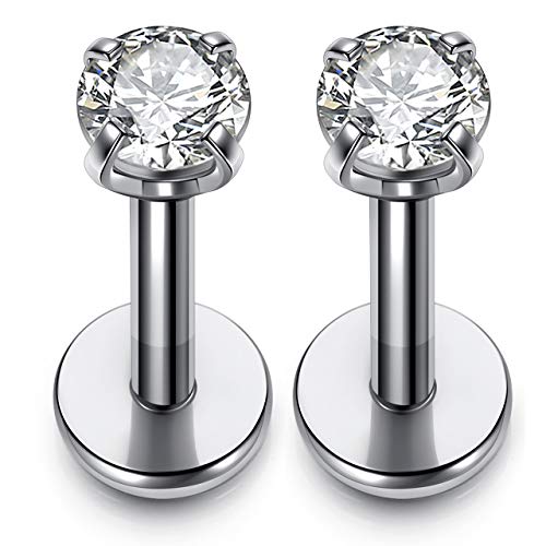 PiercingJ 2-4pcs 16g 316L Stainless Steel 3mm Cubic Zirconia Labret Monroe Lip Ring/Tragus/Helix Earring,6-12mm Bar Length - style: 3mm zirconia round / 8mm bar