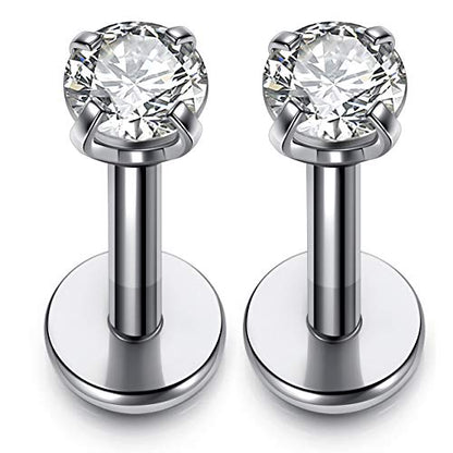 PiercingJ 2-4pcs 16g 316L Stainless Steel 3mm Cubic Zirconia Labret Monroe Lip Ring/Tragus/Helix Earring,6-12mm Bar Length - style: 3mm zirconia round / 8mm bar