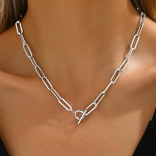 18K Gold Plated Chunky Chain Necklace for Women Dainty Cuban Paperclip Chain Toggle Bar Clasp Necklace Thick Trendy Layering Gold Chain Link Stainless Steel Jewelry - style: Toggle Paperclip-White Gold