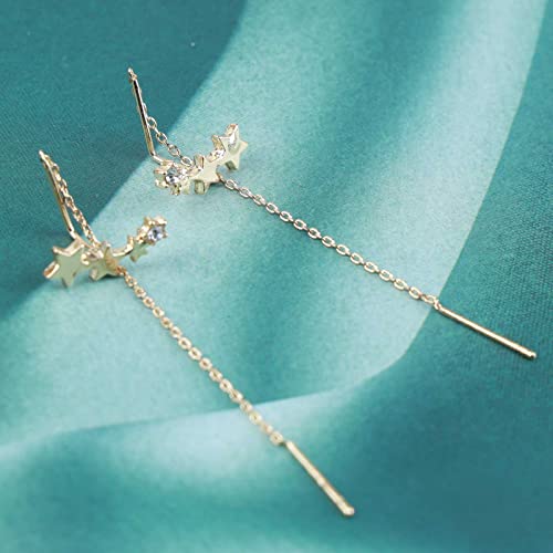 Boho Wedding Tiny Cz Star Threader Earrings Gold Pull Through Earrings Thread Dainty Long Chain Tassel Dangle Small Crystal Climber Simple Crawler Stud Line Bar Chain Drop Delicate Minimalist Women