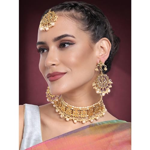 Aheli Elegant Indian Faux Kundan Studded Choker Necklace with Maang Tikka Set Ethnic Wedding Wear Bharatanatyam jewellery set Gift for Women - color: Gold