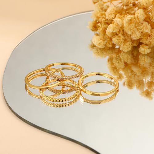Lunvky Silver Stacking Rings for Women 14K Gold Plated Ring Non Tarnish Thin Trendy Stackable Dainty Cubic Zirconia Finger Pinky Thumb Wedding Band Rings Set Jewelry Gifts Size 5-10 - color: A-Gold, size: 5