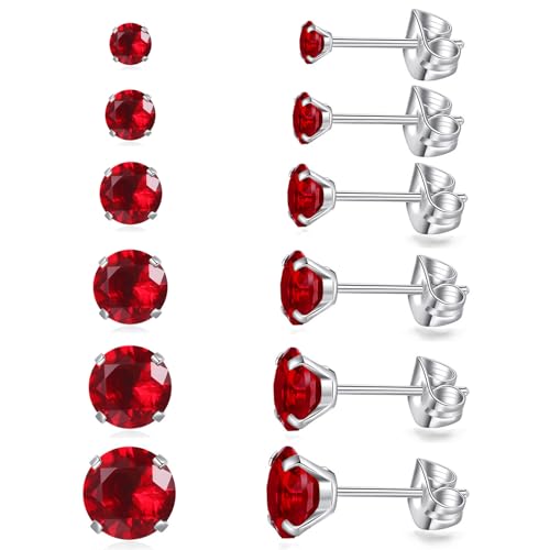 6 Pairs Stud Earrings Set, Hypoallergenic Cubic Zirconia Earrings 316L Stainless Steel CZ Earrings 3-8mm - color: A-Red CZ