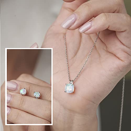 MAX + STONE 14k Gold Plated or Sterling Silver Cushion Cut Gemstone Stud Earrings and Pendant Necklace for Women with 6mm and 8mm Birthstones 18 Inch Chain and Push Backs Jewelry Set - style: Sterling Silver|Created White Sapphire