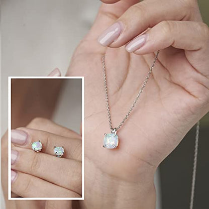 MAX + STONE 14k Gold Plated or Sterling Silver Cushion Cut Gemstone Stud Earrings and Pendant Necklace for Women with 6mm and 8mm Birthstones 18 Inch Chain and Push Backs Jewelry Set - style: Sterling Silver|Created White Sapphire