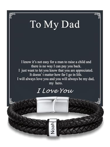 Custom4U Personalized Braided Leather Bracelet for Men with Name Engraved | 1-5 Name Engraving, Stainless Steel Bead, 7.5/8.3/9 Inch Black Leather, Gift Design for Men with Custom Keepsake Cards - color: 01-Steel Color-To My Dad, size: 1 Name