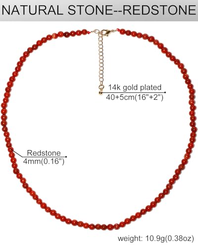 Simple 4mm Gemstones and Crystals Choker Necklace Unisex 16"-18" | Necklaces for Women Men, Adjustable, 40-45 cm Chain Length, Handmade, Spiritual Gemstones, Positive Energy, Daily Wear - style: Redstone