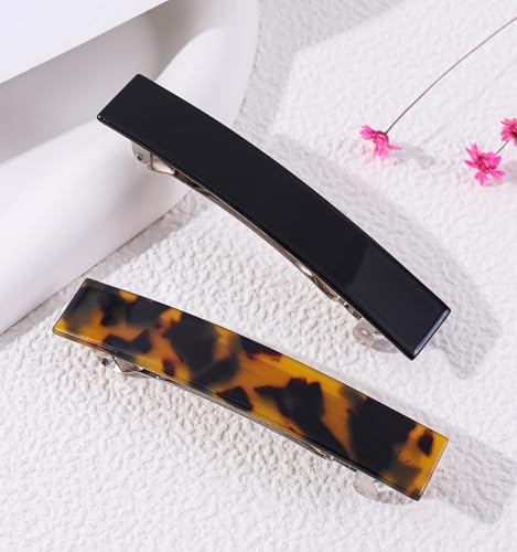 2 Pack French Design Hair Barrettes Tortoise Shell Acetate Celluloid Rectangle Hair Clips for Women - color: Black+Dark Tortoise