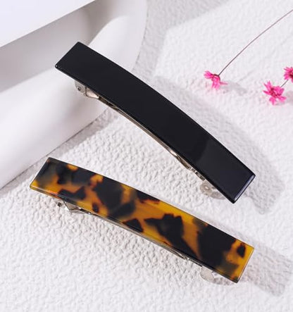 2 Pack French Design Hair Barrettes Tortoise Shell Acetate Celluloid Rectangle Hair Clips for Women - color: Black+Dark Tortoise