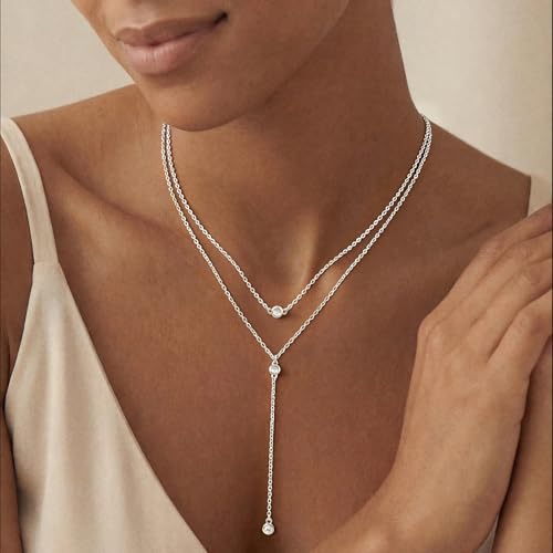 14K Gold Plated Layered Lariat Necklace for Women - Waterproof Non-Tarnish Dainty Gold Chain Necklace, Long Boho Statement Jewelry for Wedding, Prom, Summer Vacation Gifts - color: Layered CZ Y Necklace-Silver