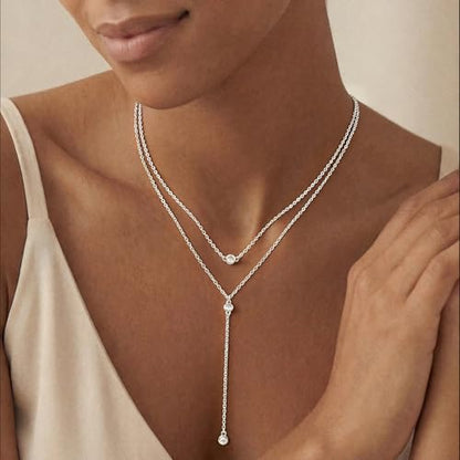 14K Gold Plated Layered Lariat Necklace for Women - Waterproof Non-Tarnish Dainty Gold Chain Necklace, Long Boho Statement Jewelry for Wedding, Prom, Summer Vacation Gifts - color: Layered CZ Y Necklace-Silver