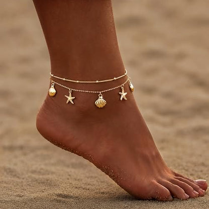 Gold/Sterling Silver Anklet Bracelets for Women Waterproof, Non Tarnish 925 Sterling Sliver Plated Heart Evileye Butterfly Charm, Dainty Summer Beach Anklets for Women, Beach Vacation Bikini Outfits for Her Mom - style: Starfish & Shell
