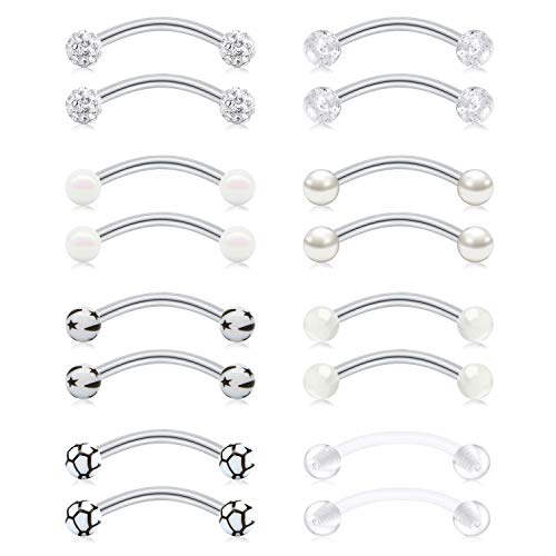 FECTAS 14g Stainless steel Nipple Rings Curved Barbell Piercing Jewelry Petite Belly Button Rings Curved Barbells for Women Men - style: silver-16pcs-1