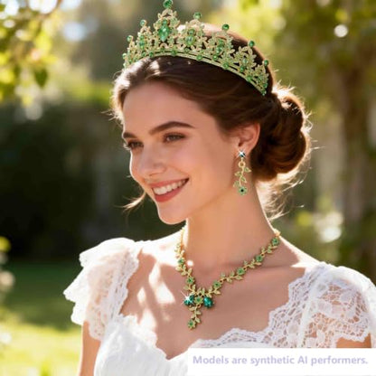 Kamirola Women's Wedding Jewelry Leaf Cluster Flower Crystal Dangle Earrings Pendant Necklace Set for BridalCrystal Bridal Jewelry Set - color: Gold & Green