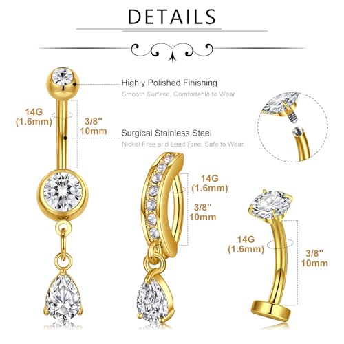 MODRSA Dangle Belly Button Ring Dangling Silver Gold Dangly Belly Piercing Jewelry Hypoallergenic Surgical Steel Butterfly Flower Navel Rings for Women Clicker Navel Piercings Pink - color: A2-3styles -gold