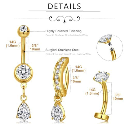 MODRSA Dangle Belly Button Ring Dangling Silver Gold Dangly Belly Piercing Jewelry Hypoallergenic Surgical Steel Butterfly Flower Navel Rings for Women Clicker Navel Piercings Pink - color: A2-3styles -gold