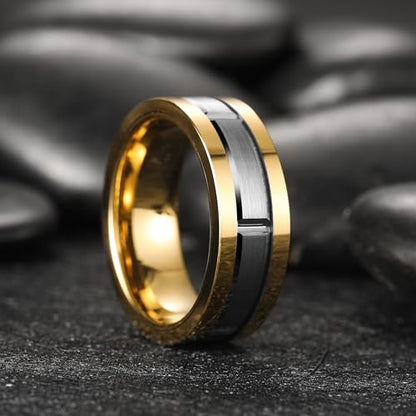 King Will Classic Mens 、Tungsten Carbide Rings Brick Pattern Groove Center | Silver/Black/Gold/Rose Gold, 8mm, Grooved, Comfort Fit, Brick pattern, Everyday Wear - color: C-Gold & Silver