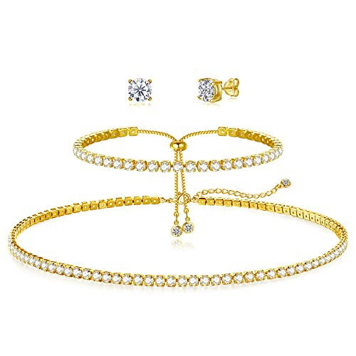 HAXIYA Tennis Necklace Bracelet for Women, Sterling Sliver Jewelry Set, Silver/Gold Chocker Necklace, Crystal Bracelet for Women, Wedding Jewelry for Bride, Sparkly Party Prom Hypoallergenic - color: Classic Set of 3 - Gold