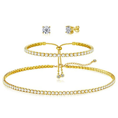 HAXIYA Tennis Necklace Bracelet for Women, Sterling Sliver Jewelry Set, Silver/Gold Chocker Necklace, Crystal Bracelet for Women, Wedding Jewelry for Bride, Sparkly Party Prom Hypoallergenic - color: Classic Set of 3 - Gold