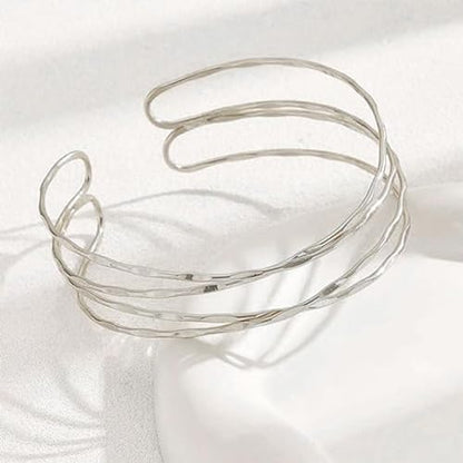 Arm Cuff for Women Layered Armlet Open Adjustable Arm Cuff Gold Silver Upper Arm Cuff Bracelet Minimalist Armband Trendy Jewelry - color: Silver Arm Cuff