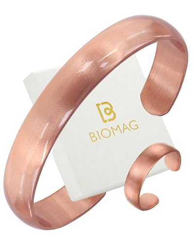 BioMag Pure Copper Bracelet & Ring for Women Men, 99.99% Solid Handmade Copper Cuff Bangle, Adjustable Jewelry Gift with Gift Box - color: Rose Gold (Shine)
