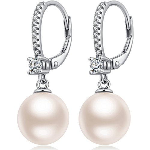 Pearl Dangle Drop Earrings for Women 925 Sterling Silver Pearl Leverback Earrings Cubic Zirconia Pearl Dangling Earrings 10MM - color: 1. white-8mm