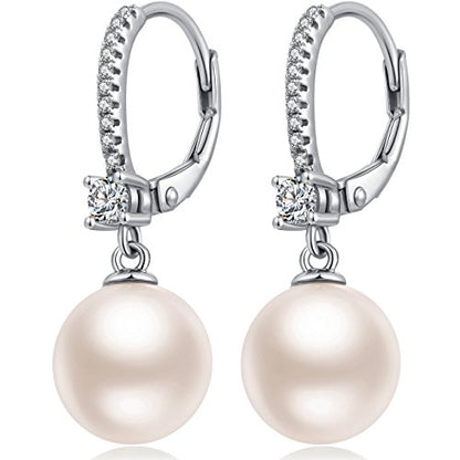 Pearl Dangle Drop Earrings for Women 925 Sterling Silver Pearl Leverback Earrings Cubic Zirconia Pearl Dangling Earrings 10MM - color: 1. white-8mm