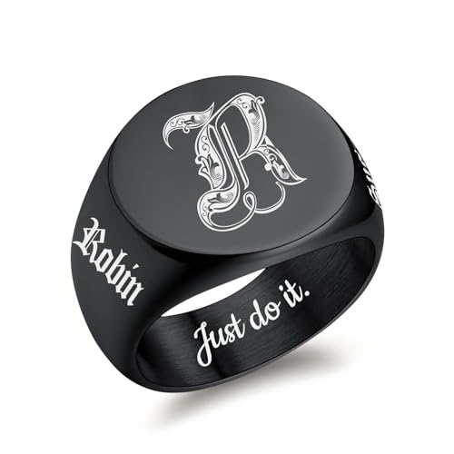 Custom Signet Ring for Men Personalized Initial Ring Custom Mens Rings Engraved Ring Customized Memorial Graduation Gifts for Father Husband Boyfriend Friends - color: Round Black
