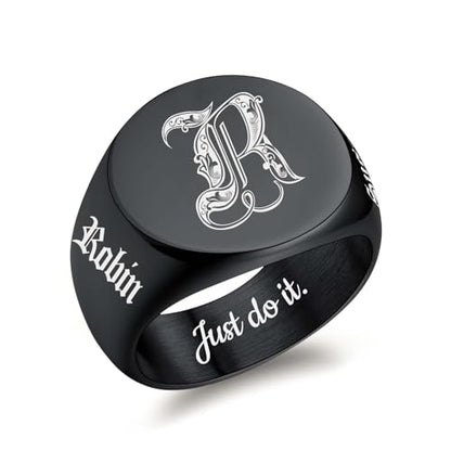 Custom Signet Ring for Men Personalized Initial Ring Custom Mens Rings Engraved Ring Customized Memorial Graduation Gifts for Father Husband Boyfriend Friends - color: Round Black