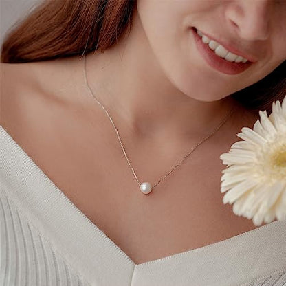 DIBOLA Dainty Pearl Necklaces for Women 14K Gold/Silver Plated Cute Single Pearl Necklace Elegant Small Tiny Pearl Choker Thin Chain Necklace Simple White Pearl Drop Y Long Necklace Freshwater Pearled Pendant Necklace Pearls Jewelry Gift - color: Single P
