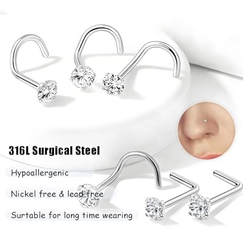 20G Nose Rings Hoops Studs, Stainless Steel Round CZ L Shaped Nose Screw Straight Studs, Hypoallergenic Diamond Double Nose Hoops, Clear Nose Rings For Women Men Nostril Piercing Jewelry - color: 20Pcs