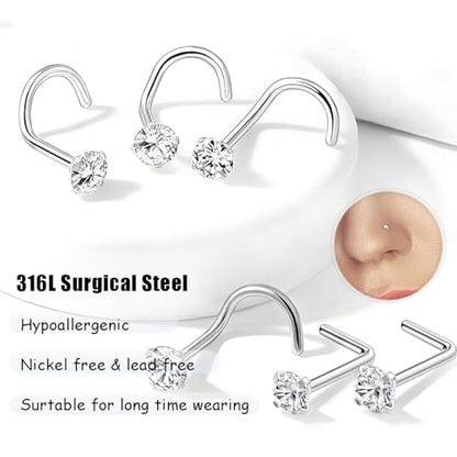 20G Nose Rings Hoops Studs, Stainless Steel Round CZ L Shaped Nose Screw Straight Studs, Hypoallergenic Diamond Double Nose Hoops, Clear Nose Rings For Women Men Nostril Piercing Jewelry - color: 20Pcs