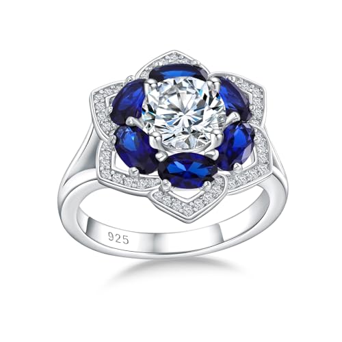 Flower Cocktail Ring for Women Stone Engagement Anniversary Rings | Sterling Silve|Hypoallergenic|Ruby|Sapphire|Emerald|Wedding and Birthday Party Women Statement Ring|Mother and Grandma Gift - color: Sapphire (Sep.)